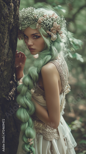 Forest elf queen. Young woman with green hair concept.  photo