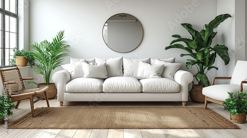 A living room with white walls and hardwood flooring, including a large green plant. Concept of minimalist design. Created with Generative AI