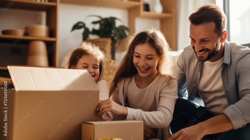 A warm family Happy parents playing with their children In the living room of a new apartment Two cute little daughters sitting in a cardboard box. Mom and Dad laughed and pushed. A warm family Happy parents playing with their children In the living room of a new apartment Two cute little daughters sitting in a cardboard box. Mom and Dad laughed and pushed.