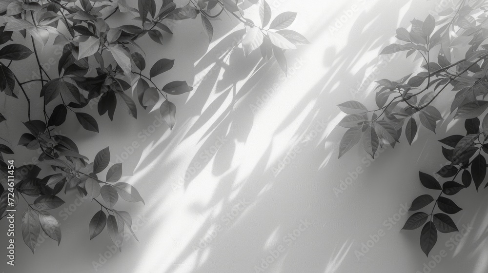 Blurred shadow from leaves plants on the white wall. Minimal abstract background Blurred shadow from leaves plants on the white wall. Minimal abstract background