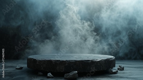 black stone podium on a dark background with smoke
