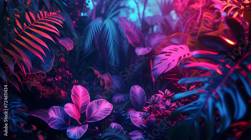 A neon abstract background resembling a digital jungle, with glowing foliage and abstract flora