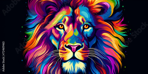 Neon Lion on Dark Background  A colorful lion with a black background generative ai 