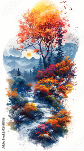 A beautiful fantasy landscape on a white background. Mountains, trees, fog. Watercolor painting. Abstract intricate splashes of paint on a white background. Generative AI. 