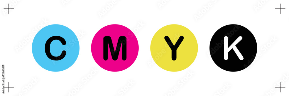 Cmyk print icon, circles in cmyk colors with Print Marks, Cyan, magenta ...