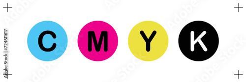 Cmyk print icon, circles in cmyk colors with Print Marks, Cyan, magenta, yellow, key, black, isolated on white background