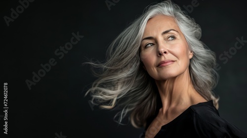 "Portrait serein : Femme mûre aux cheveux argentés et regard apaisant, fond gris doux"