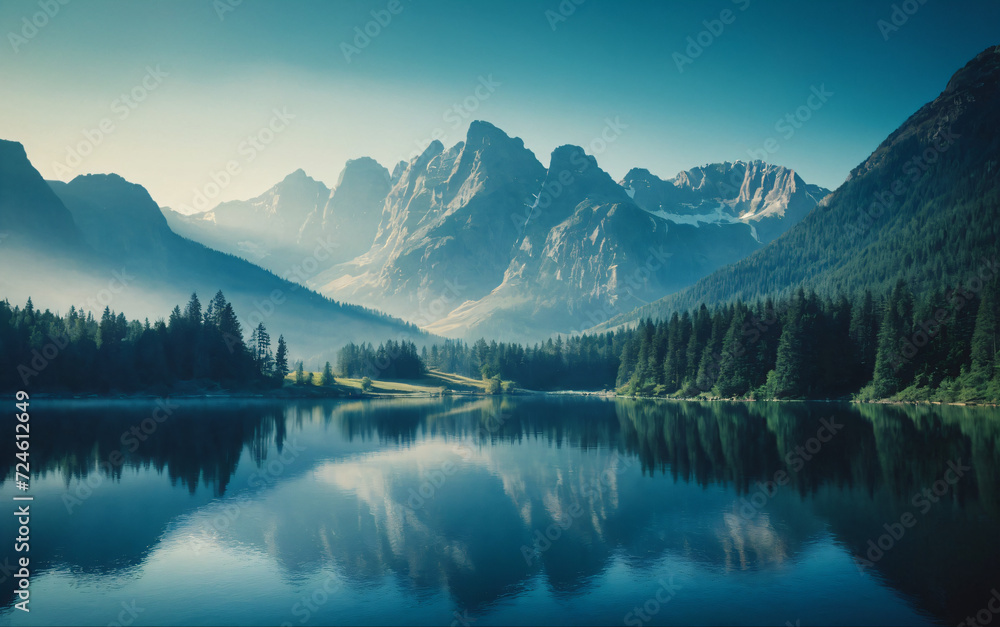 Serene mountain landscape with a reflective lake, lush greenery, and snow-capped peaks. Ideal for themes of nature, tranquility, and travel. Generative AI.