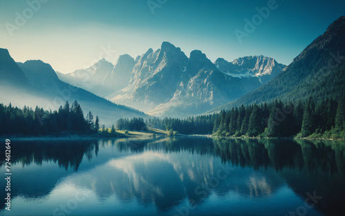 Serene mountain landscape with a reflective lake, lush greenery, and snow-capped peaks. Ideal for themes of nature, tranquility, and travel. Generative AI.