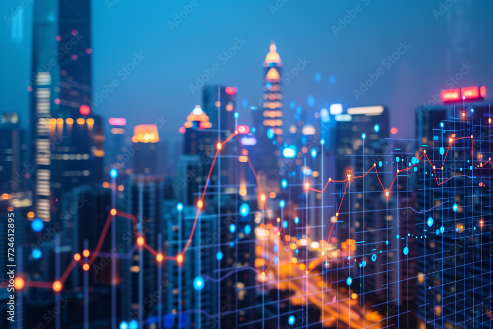 Blurry city lights with financial graph overlay at twilight