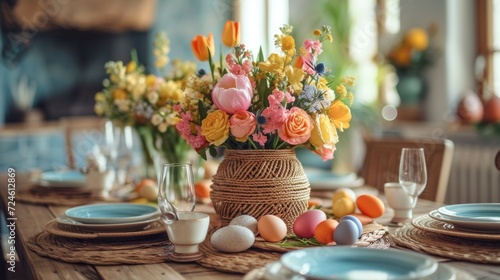 Beautifully decorated festive dining table for Easter with large copyspace area