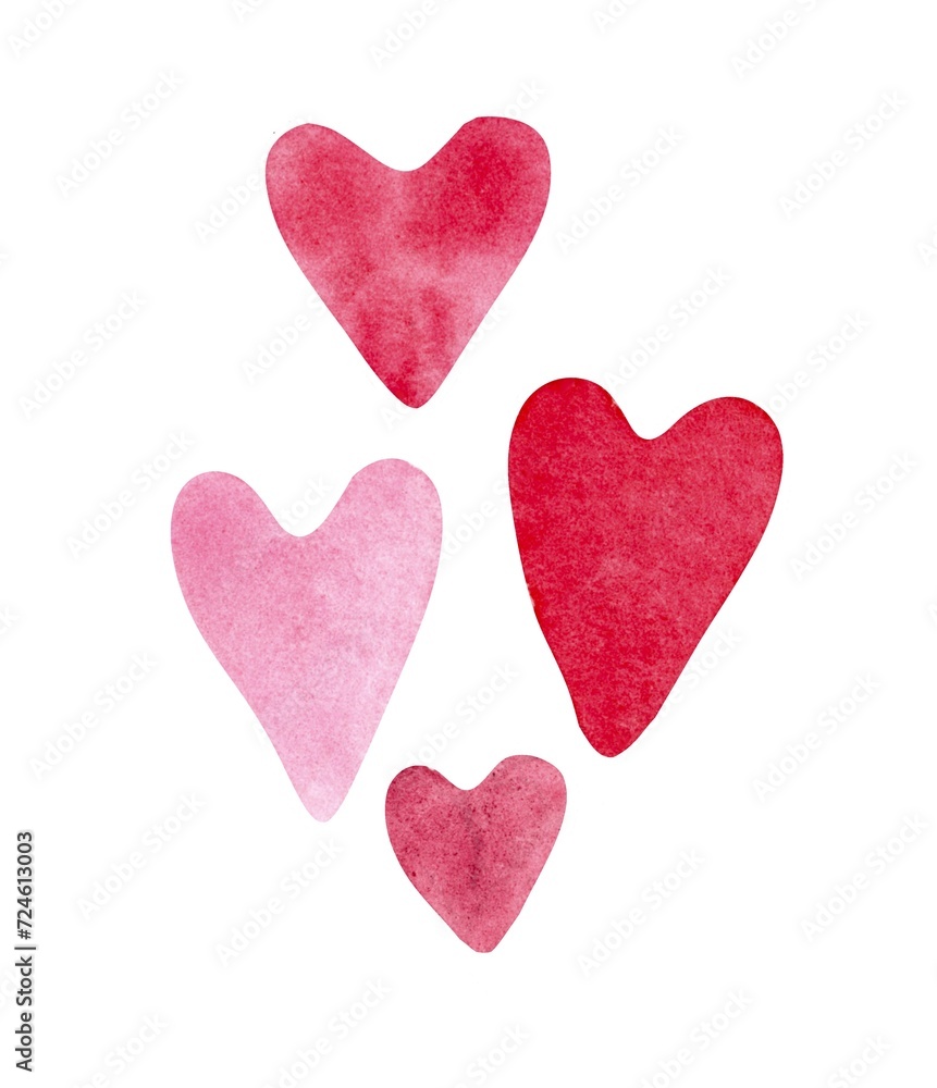 Set of Hearts watercolor stains texture on paper. Hand drawn painting. Love  Red Hearts Blurred brush stroke on white background. Watercolor brush mark . Valentine’s Day illustration. 