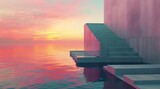 Staircase to the sea at sunset. 3D render.