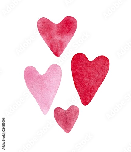 Set of Hearts watercolor stains texture on paper. Hand drawn painting. Love Red Hearts Blurred brush stroke on white background. Watercolor brush mark . Valentine’s Day illustration. 