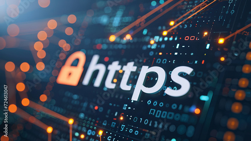Https sign and a lock on a blue circuit board background, SEO term for a safe encrypted connection on Internet with SSL certificate. photo