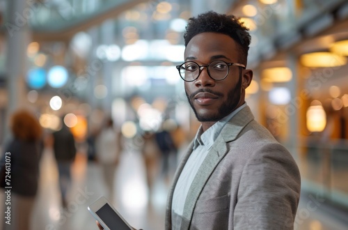 business man holding tablet while standing in line