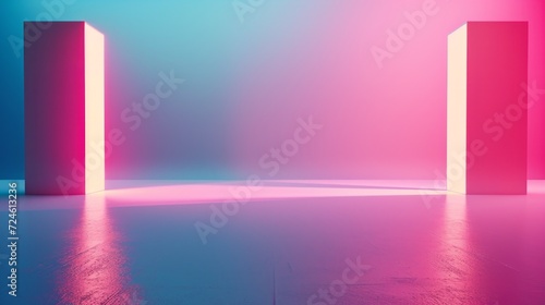 3d render, abstract background, empty interior with pink and blue neon lights