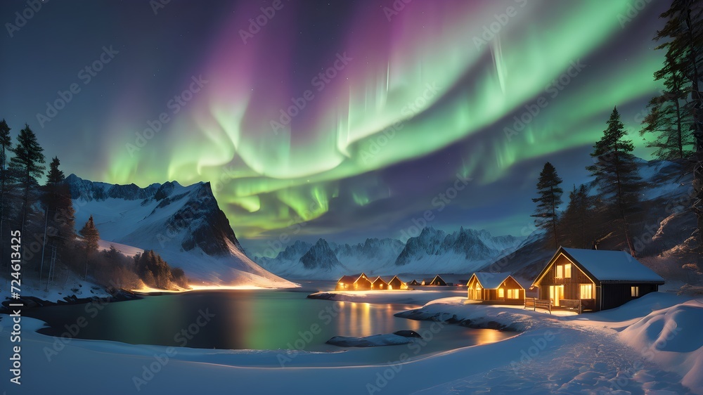 Amazing view of northen lights in Norway. Beutiful sky and reflection. Breathing mountain view in winter. AI generated image. Amazing view of northen lights in Norway. Beutiful sky and reflection. Breathing mountain view in winter. AI generated image.