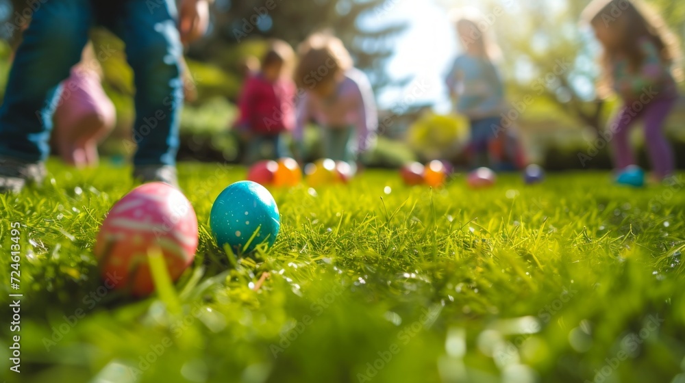 Children and adults engaged in the lively tradition of an Easter egg roll Children and adults engaged in the lively tradition of an Easter egg roll