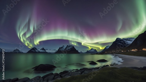 Amazing view of northen lights in Norway. Beutiful sky and reflection. Breathing mountain view in winter. AI generated image. © monu
