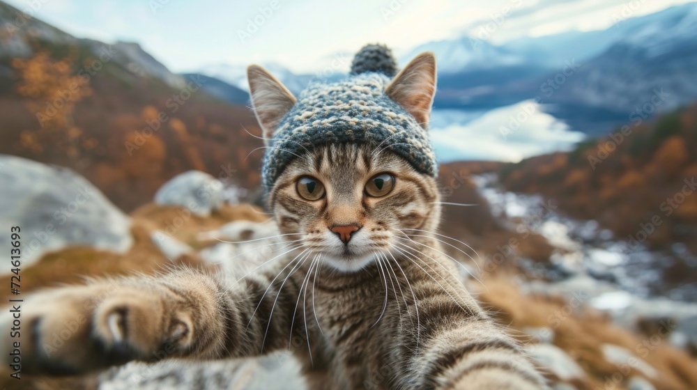 Obraz premium cat in knitted hat takes a selfie against the background of mountains