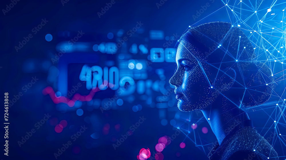 Futuristic Artificial Intelligence Woman Profile with Digital Network and Data Visualization Futuristic Artificial Intelligence Woman Profile with Digital Network and Data Visualization