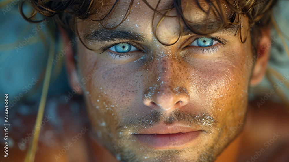 Closeup stunning handsome athletic summer sexy surfer model man with hazel blue eyes and brown hair looking posing on the beach