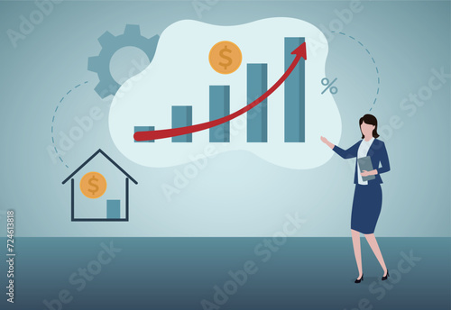 Real estate investment, Real estate value. House model with agent analyzing house insurance or loan real estate or property.