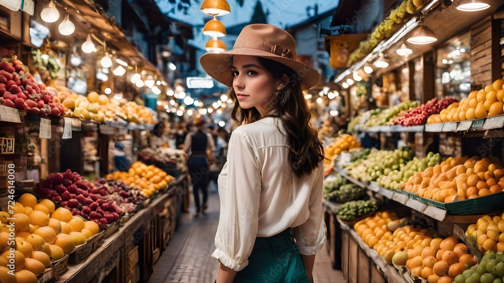 women wearing hat standing  in fruits supermarket 