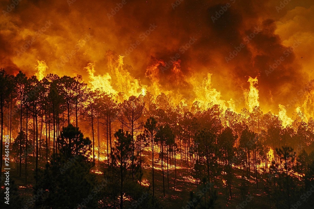 AI-generated illustration of wildfire amidst trees on sloping terrain, flames engulf the landscape