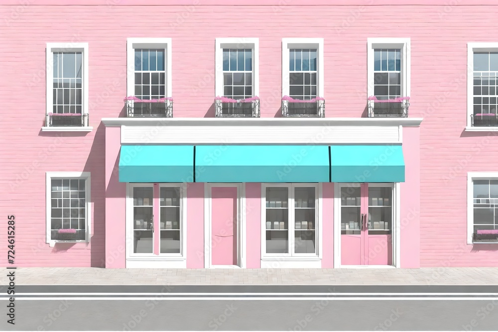 cute pink little chic boutique facade with awnings , storefront template