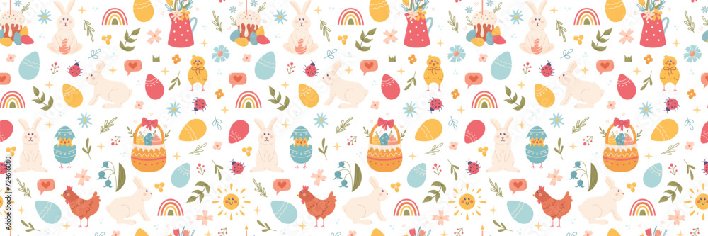 Happy Easter cute seamless pattern. Rabbit, egg, flower and other spring elements. Vector cartoon illustration Happy Easter cute seamless pattern. Rabbit, egg, flower and other spring elements. Vector cartoon illustration