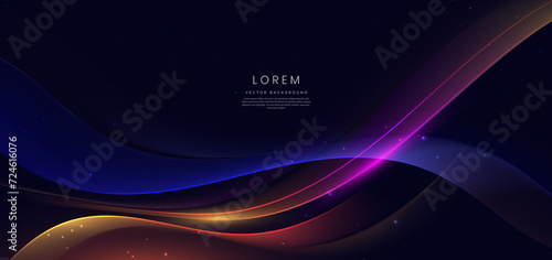 Abstract blue and red wave lines glowing on dark blue background with copy space for text.