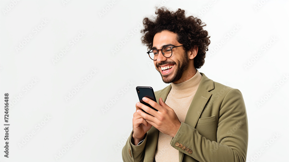 Energetic man looking into his mobile phone - ai generative Energetic man looking into his mobile phone - ai generative