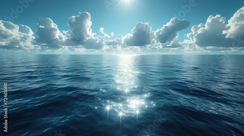 Close-up wide-angle photo of the open ocean, calm waves and dreamy clouds over horizon. AI generated image