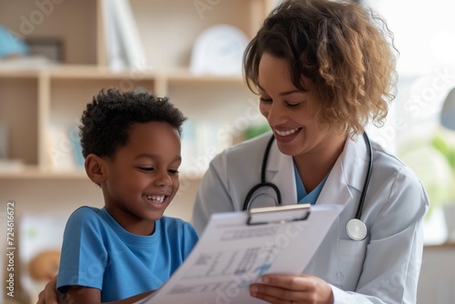Seeing a doctor is actually fun. Happy doctor and child patient look at something together. Cheerful African American woman pediatrician shows a medical chart to a little boy who came to the clinic