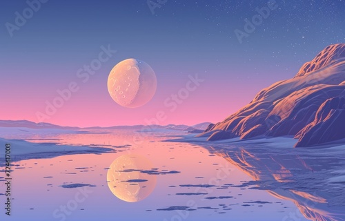 3D illustration of the full moon over the sea and mountains.