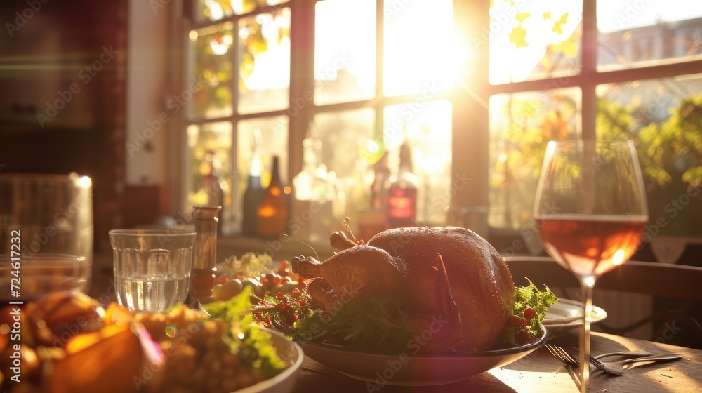 4 july, roasted turkey still hot , table, festive, celebration, no people, window, sun flare 4 july, roasted turkey still hot , table, festive, celebration, no people, window, sun flare
