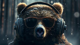 Portrait of bear wearing glasses and headphones