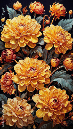 Beautiful orange and yellow flowers like dahlias depicted in psychedelic style art. AI generated illustration.