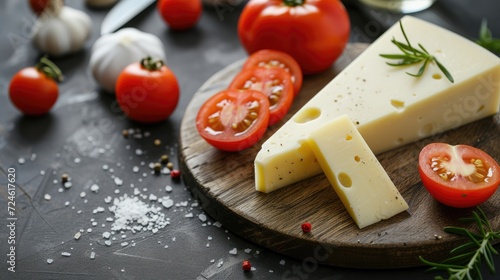 Hard cheese on the wooden board with knife and tomatoes
