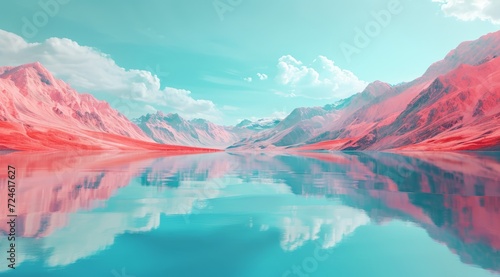 Fantasy landscape with mountains and river. Digital painting.