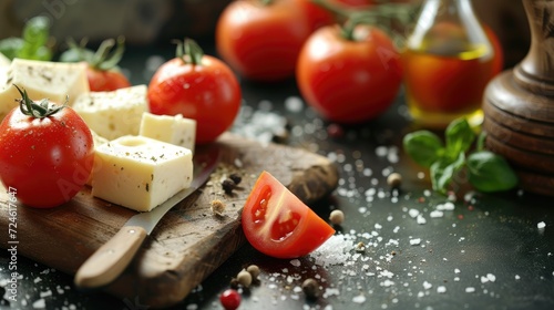 Hard cheese on the wooden board with knife and tomatoes 
