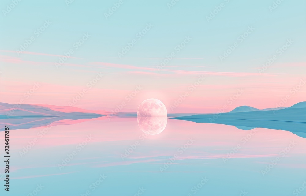 3d illustration of sunset over the sea and mountains in pastel colors 3d illustration of sunset over the sea and mountains in pastel colors
