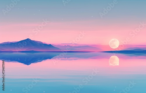 3d illustration of sunset over the sea and mountains in pastel colors
