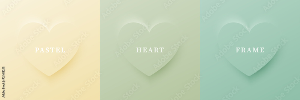 Set of abstract 3D heart, different color 3D heart shape frame design. Collection of geometric backdrop for cosmetic product display. Top view. Vector illustration Set of abstract 3D heart, different color 3D heart shape frame design. Collection of geometric backdrop for cosmetic product display. Top view. Vector illustration