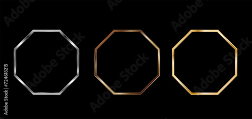 Gold, silver, bronze octagonal frames for a picture or photo. 3d vector illustration isolated on transparent background.