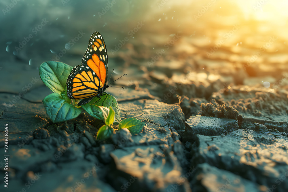 Obraz premium Butterfly on Leaf, Sunlit Nature, Cracked Earth, Environment day, protect earth, go green
