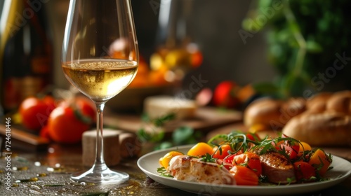 "Plaisir culinaire : Salade caprese avec vin blanc dans une ambiance rustique"