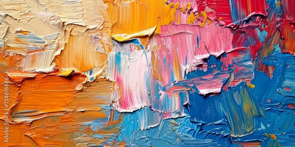 Closeup of abstract rough colorful colorful multicolored art painting texture, with oil brushstroke, pallet knife paint on canvas, Generative AI